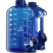 AQUAFIT - Water Bottle with Straw - Motivational Big Water Bottle with Time Marker - 1 Gallon, Dark Blue