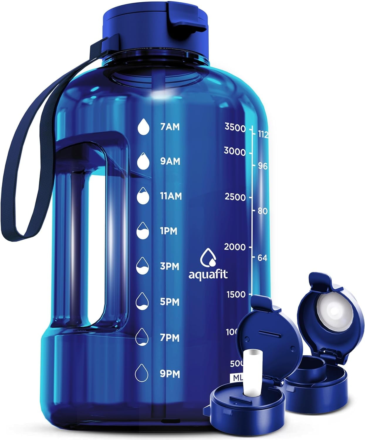 AQUAFIT - Water Bottle with Straw - Motivational Big Water Bottle with Time Marker - 1 Gallon, Dark Blue