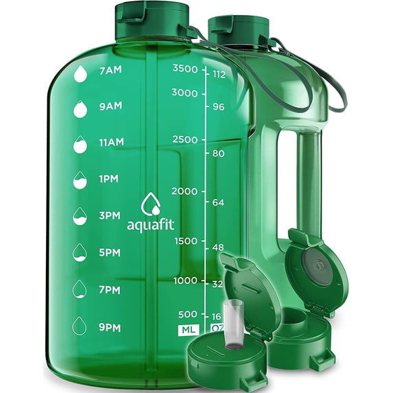 AQUAFIT - Water Bottle with Straw - Motivational Water Bottle, Big Water Bottle with Time Marker - 1 Gallon, Green