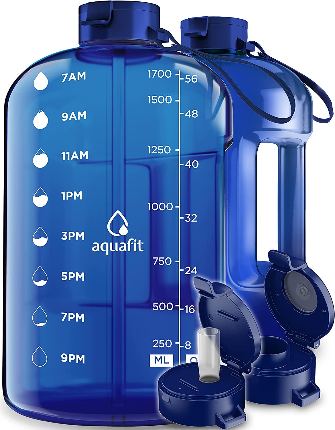 AQUAFIT - Water Bottle with Straw - Motivational Water Bottle, Big Water  Bottle with Time Marker - Half Gallon, Dark Blue