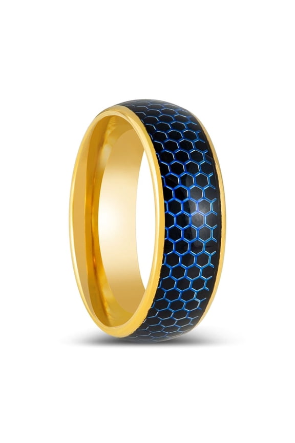AQUAHEX | Gold Tungsten Ring, Domed Ring, Blue Honeycomb Cutout