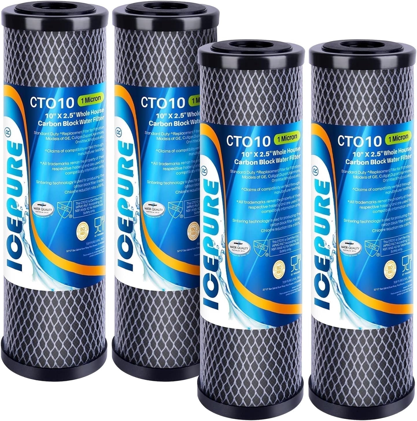 ICEPURE 1 Micron 2.5" x 10" Whole House CTO Carbon Water Filter Cartridge Replacement for Under Sink Water Filter System, 4PACK