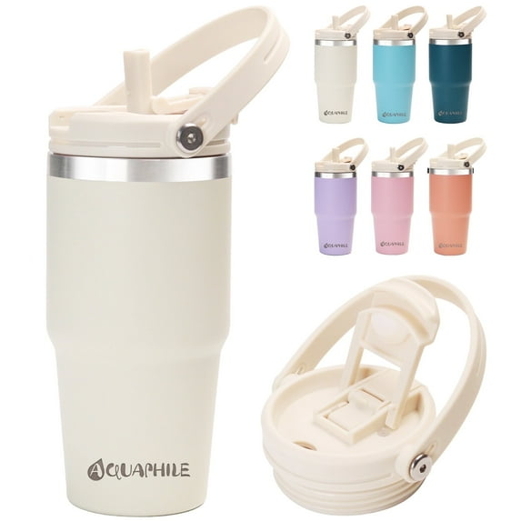 AQUAPHILE 20 oz Insulated Water Bottles with Straw Lid, Double Walled Vacuum Stainless Steel Travel Tumbler with Handle and Straw, Wide Mouth Thermos Bottle, Ivory