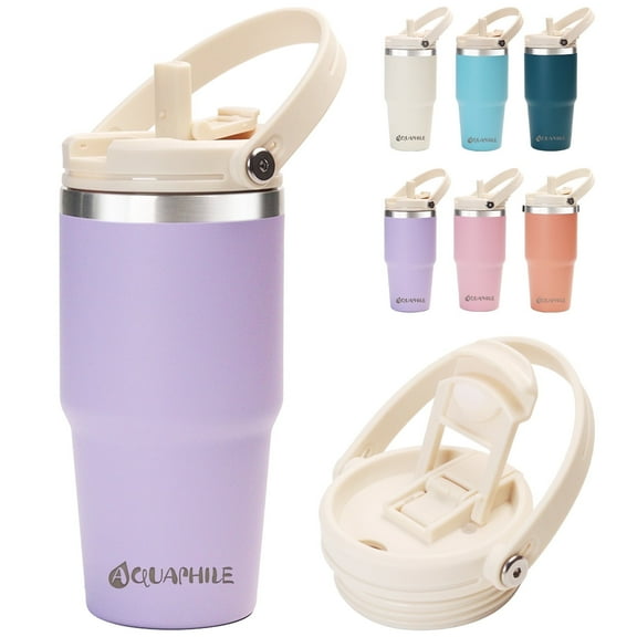AQUAPHILE 20 oz Insulated Water Bottles with Straw Lid, Double Walled Vacuum Stainless Steel Travel Tumbler with Handle and Straw, Wide Mouth Thermos Bottle, Lavender