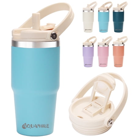AQUAPHILE 20 oz Insulated Water Bottles with Straw Lid, Double Walled Vacuum Stainless Steel Travel Tumbler with Handle and Straw, Wide Mouth Thermos Bottle, Light Blue