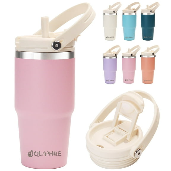 AQUAPHILE 20 oz Insulated Water Bottles with Straw Lid, Double Walled Vacuum Stainless Steel Travel Tumbler with Handle and Straw, Wide Mouth Thermos Bottle, Pink