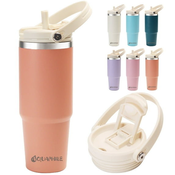 AQUAPHILE 30 oz Insulated Water Bottles with Straw Lid, Double Walled Vacuum Stainless Steel Travel Tumbler with Handle and Straw, Wide Mouth Thermos Bottle, Peach Pink