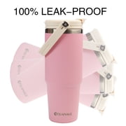AQUAPHILE 30 oz Insulated Water Bottles with Straw Lid, Double Walled Vacuum Stainless Steel Travel Tumbler with Handle and Straw, Wide Mouth Thermos Bottle, Pink