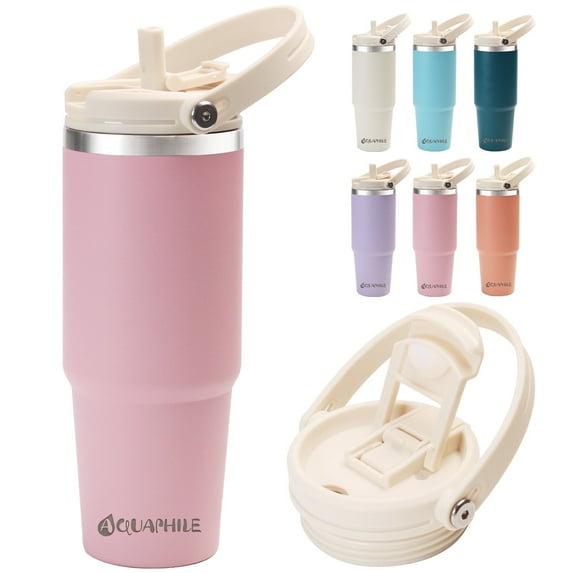 AQUAPHILE 30 oz Insulated Water Bottles with Straw Lid, Double Walled Vacuum Stainless Steel Travel Tumbler with Handle and Straw, Wide Mouth Thermos Bottle, Pink
