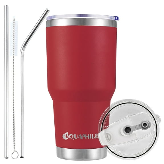 AQUAPHILE 30 oz Tumbler with Lid and Straw, Stainless Steel Vacuum Insulated Water Coffee Tumbler Cup, Double Wall Powder Coated Spill-Proof Travel Mug Thermal Cup,Red