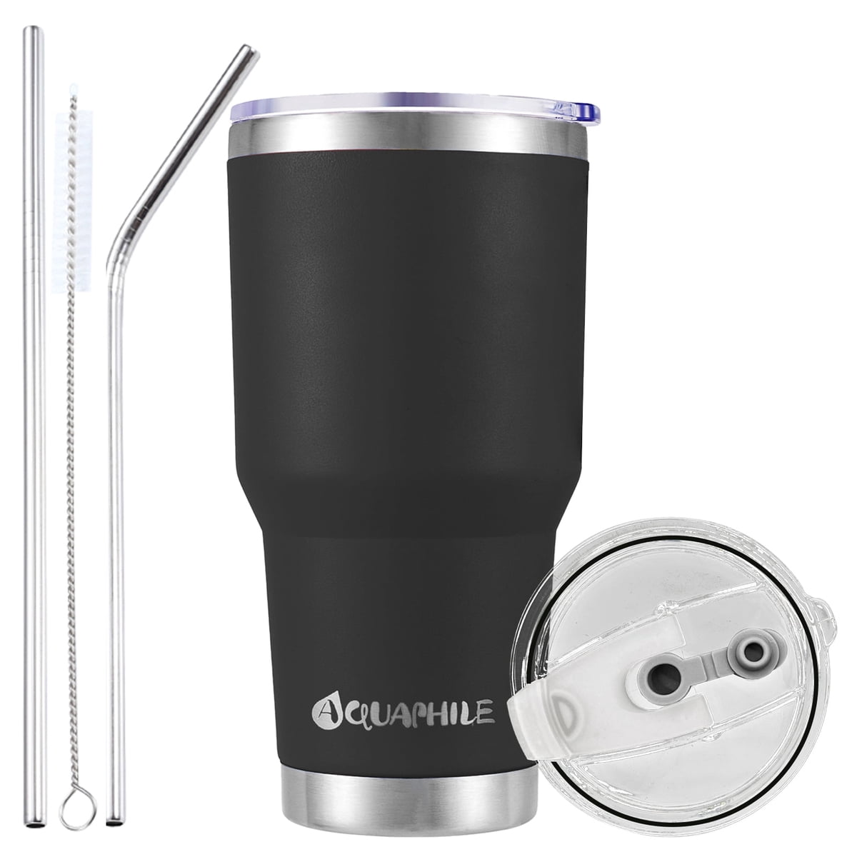 AQUAPHILE 30oz Insulated Stainless Steel Tumbler with Handle, Double-Wall Vacuum Powder Coated Travel Mug, Spill-Proof Cup with Lid & Straw,Black