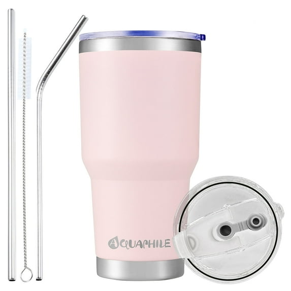 AQUAPHILE 30 oz Tumbler with Lid and Straw, Stainless Steel Vacuum Insulated Water Coffee Tumbler Cup, Double Wall Powder Coated Spill-Proof Travel Mug Thermal Cup,Pink