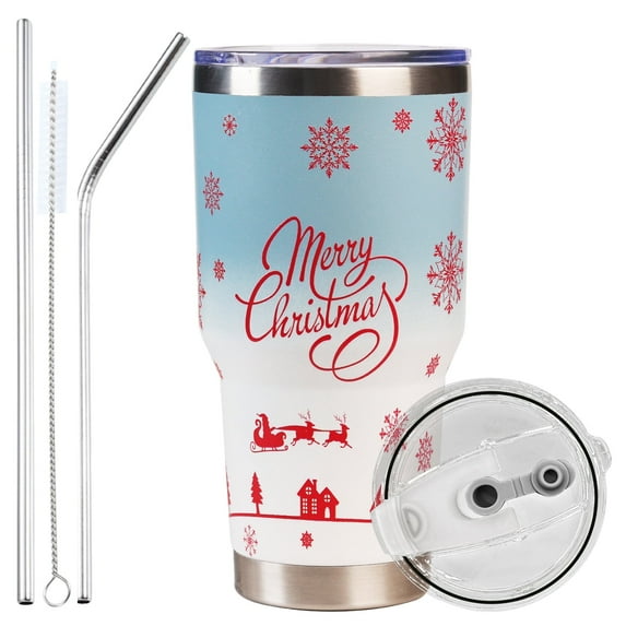 AQUAPHILE 30 oz Tumbler with Lid and Straw, Stainless Steel Vacuum Insulated Water Coffee Tumbler Cup, Double Wall Powder Coated Spill-Proof Travel Mug Thermal Cup,Blue White Snowflake