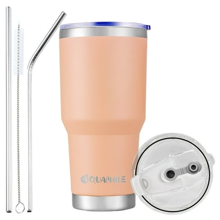 AQUAPHILE 30 oz Tumbler with Lid and Straw, Stainless Steel Vacuum Insulated Water Coffee Tumbler Cup, Double Wall Powder Coated Spill-Proof Travel Mug Thermal Cup,Light Pink
