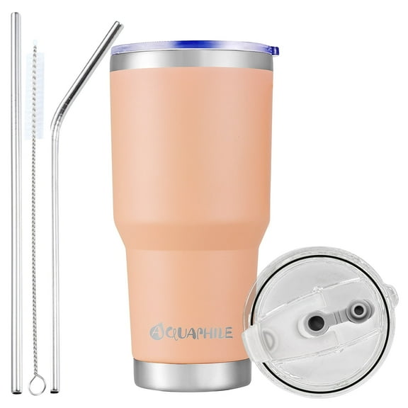 AQUAPHILE 30 oz Tumbler with Lid and Straw, Stainless Steel Vacuum Insulated Water Coffee Tumbler Cup, Double Wall Powder Coated Spill-Proof Travel Mug Thermal Cup,Light Pink