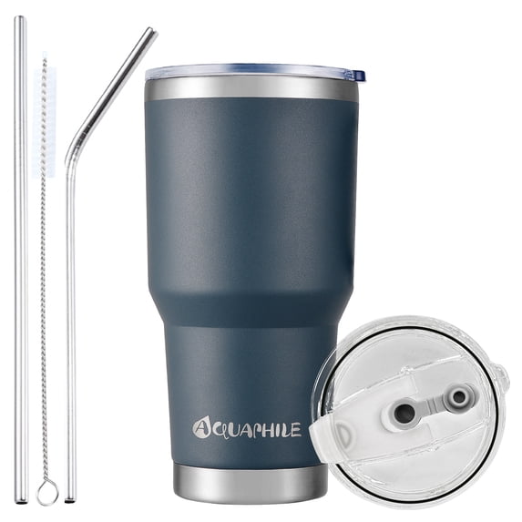 AQUAPHILE 30 oz Tumbler with Lid and Straw, Stainless Steel Vacuum Insulated Water Coffee Tumbler Cup, Double Wall Powder Coated Spill-Proof Travel Mug Thermal Cup,Navy Blue