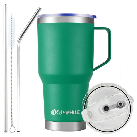 AQUAPHILE 30oz Stainless Steel Insulated Coffee Mug with Handle, Double Walled Vacuum Travel Cup with Lid & Straw, Reusable Thermal Coffee Cup, Portable Coffee Tumbler,Green