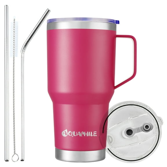 AQUAPHILE 30oz Stainless Steel Insulated Coffee Mug with Handle, Double Walled Vacuum Travel Cup with Lid & Straw, Reusable Thermal Coffee Cup, Portable Coffee Tumbler, Rubine red