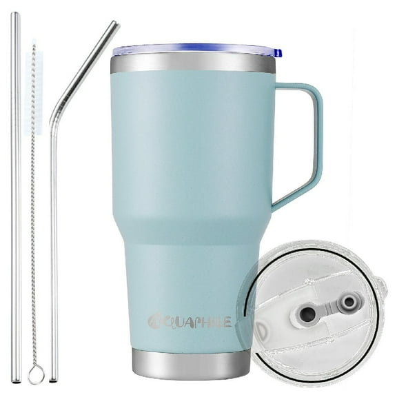 AQUAPHILE 30oz Stainless Steel Insulated Coffee Mug with Handle, Double Walled Vacuum Travel Cup with Lid & Straw, Reusable Thermal Coffee Cup, Portable Coffee Tumbler,Light Blue