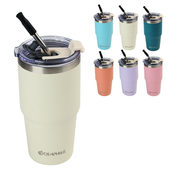 AQUAPHILE Insulated Tumbler with Leak-proof Lid and Straw, 20 oz Insulated Stainless Steel Coffee Cup, Travel Coffee Mug,Ivory