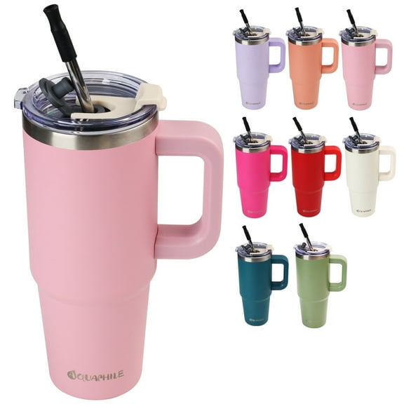 AQUAPHILE Insulated Tumbler with Leak-proof Lid and Straw, 30 oz Insulated Stainless Steel Coffee Mug with Handle, Travel Coffee Mug,Pink