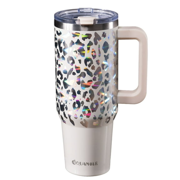 AQUAPHILE Insulated Tumbler with Leak-proof Lid and Straw, 40 oz Insulated Stainless Steel Coffee Cup with Handle, Travel Coffee Mug,Ivory Leopard