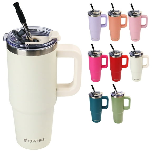 AQUAPHILE Insulated Tumbler with Leak-proof Lid and Straw, 40 oz Insulated Stainless Steel Coffee Mug with Handle, Travel Coffee Mug，Ivory