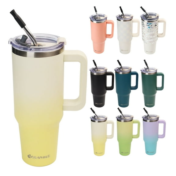 AQUAPHILE Insulated Tumbler with Leak-proof Lid and Straw, 40 oz Insulated Stainless Steel Coffee Mug with Handle, Travel Coffee Mug，Lemon