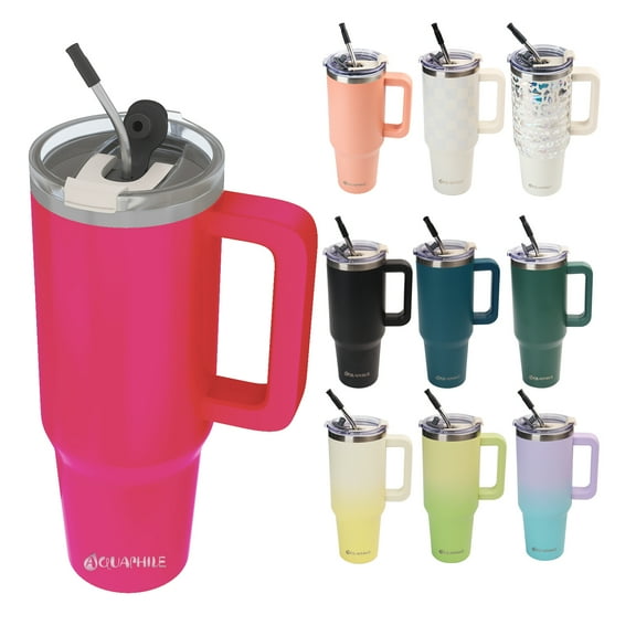 AQUAPHILE Insulated Tumbler with Leak-proof Lid and Straw, 40 oz Insulated Stainless Steel Coffee Mug with Handle, Travel Coffee Mug,Rubine Red