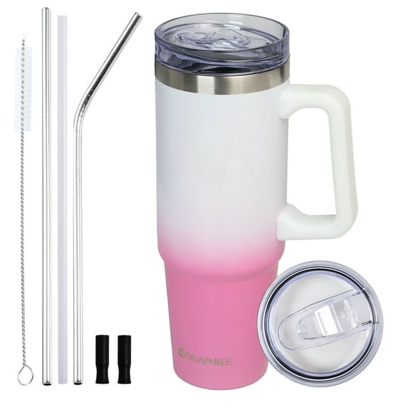 AQUAPHILE Tumbler with Handle, 35oz Insulated Coffee Mug with Leak-proof Lid and Straw, Stainless Steel Travel Mug for Hot or Cold Drinks,White/Rubine Red