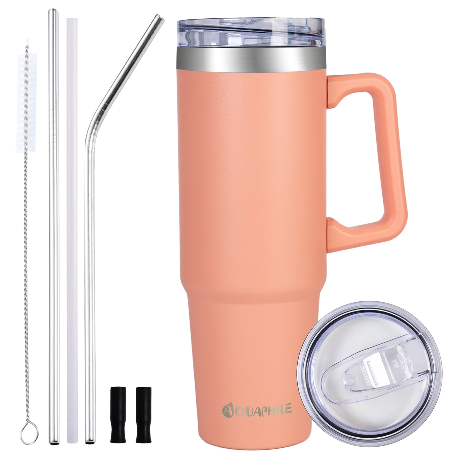 AQUAPHILE Tumbler with Handle, 35oz Insulated Coffee Mug with Leak-proof  Lid and Straw, Stainless Steel Travel Mug for Hot or Cold Drinks,Peach Pink  