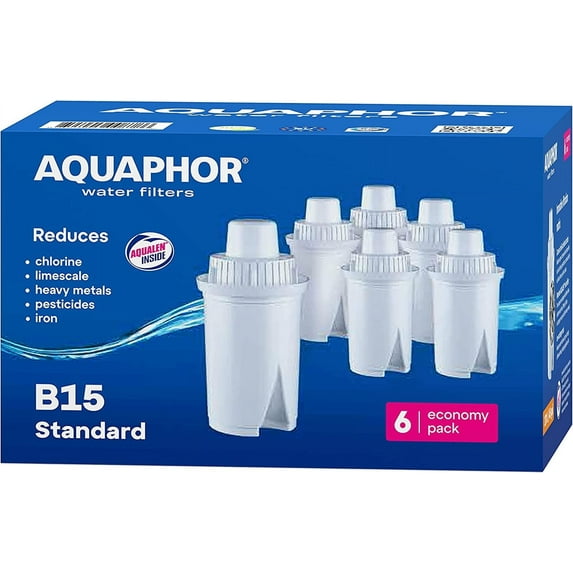 AQUAPHOR B15 Water Filter Cartridge Pack of 6, Replacement Filters to Reduces Limescale, Chlorine and heavy metals.