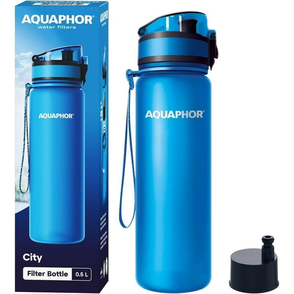 AQUAPHOR City Bottle 500ml Blue| Travel Water Bottle with Activated Carbon Filter | Filters Chlorine & Impurities | Made of Tritan & BPA-Free | Stay Hydrated On The Go!