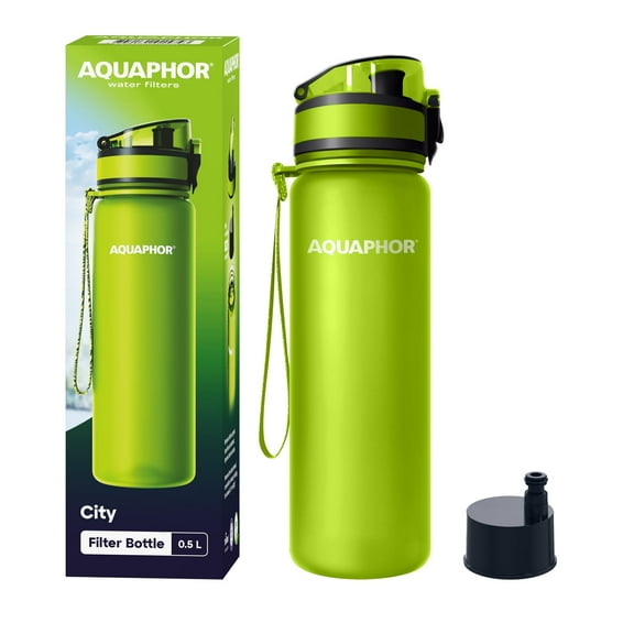 AQUAPHOR City Bottle 500ml Green| Travel Water Bottle with Activated Carbon Filter | Filters Chlorine & Impurities | Made of Tritan & BPA-Free | Stay Hydrated On The Go!