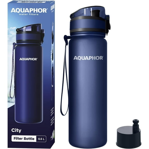 AQUAPHOR City Bottle 500ml Navy| Travel Water Bottle with Activated Carbon Filter | Filters Chlorine & Impurities | Made of Tritan & BPA-Free | Stay Hydrated On The Go!
