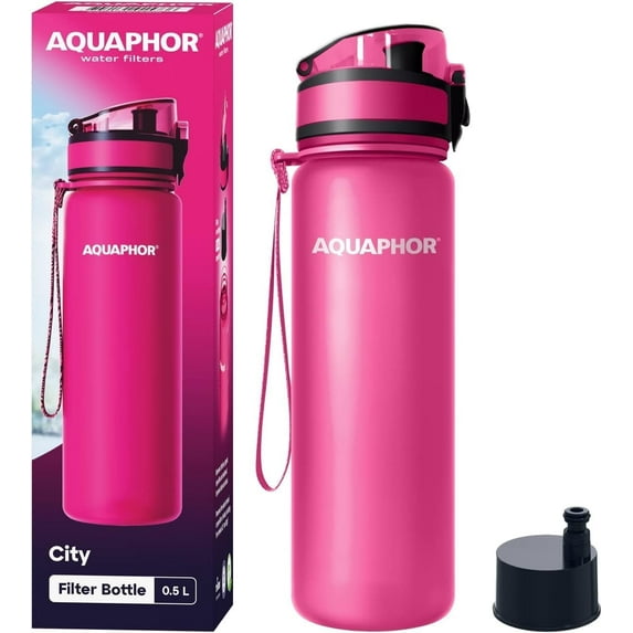 AQUAPHOR City Bottle 500ml Pink| Travel Water Bottle with Activated Carbon Filter | Filters Chlorine & Impurities | Made of Tritan & BPA-Free | Stay Hydrated On The Go!