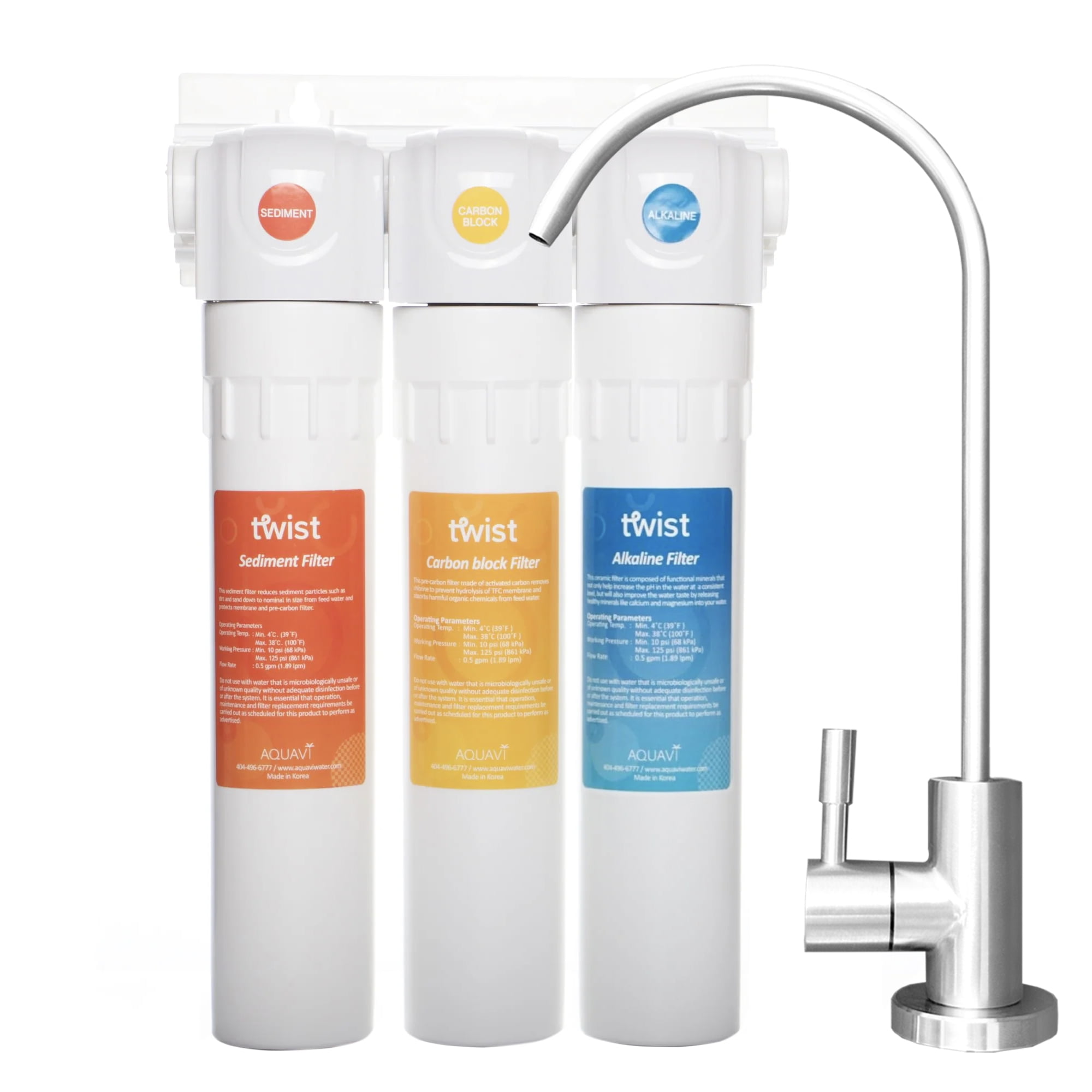 AQUAVI Twist Under Sink Water Filter System, 3-Stage High Capacity, Remove Lead, Chlorine, Odor & Bad Taste, Quick Filter Change with Brushed Nickel Faucet