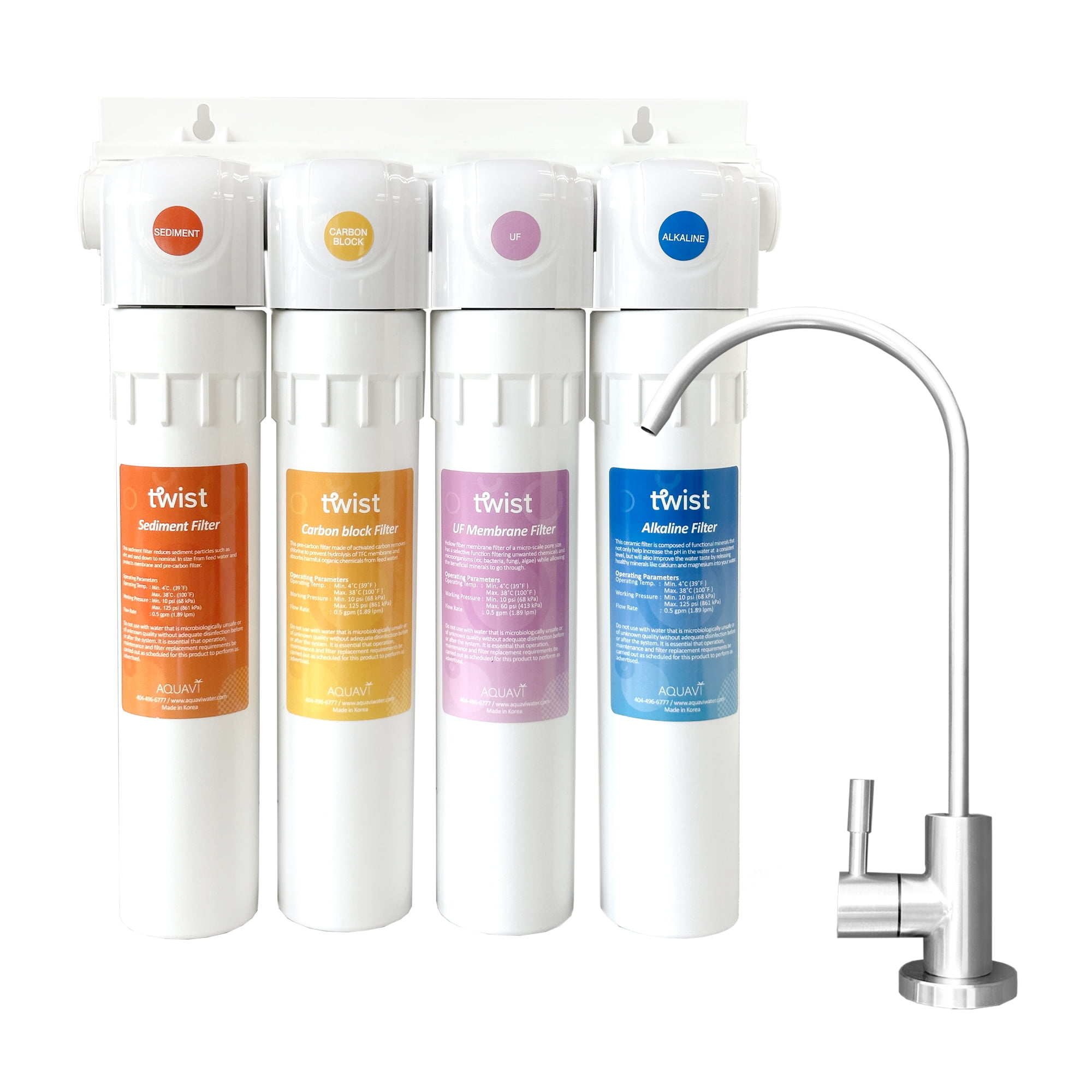 AQUAVI Twist Ultra-Filtration Alkaline Under Sink Water Filter System, 4-Stage High Capacity, Remove 99.99% Contaminants, Quick Filter Change with Brushed Nickel Faucet