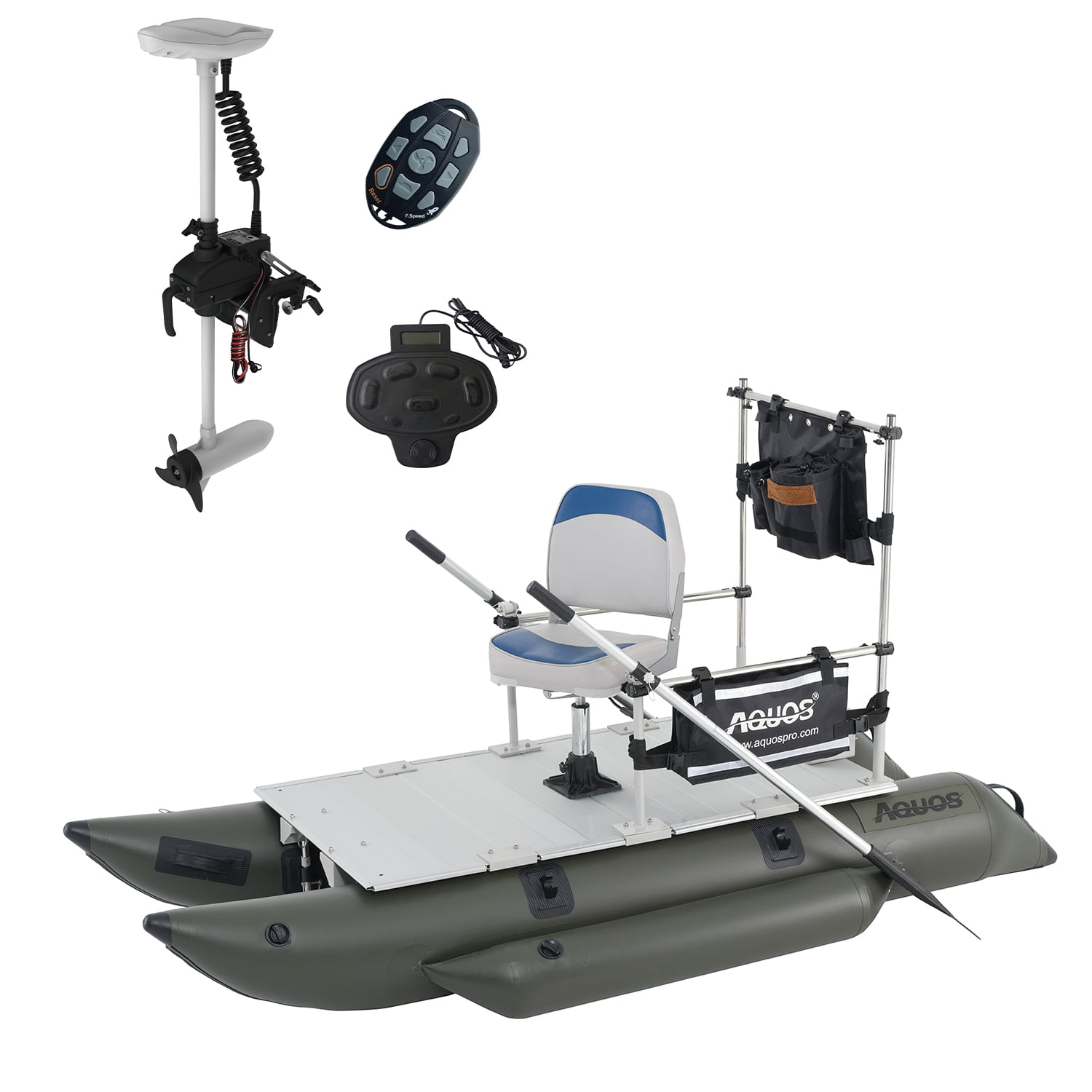 AQUOS 8.8 Plus ft Inflatable Pontoon Boat with Haswing White 12V 55LBS  Remote Trolling Motor and Foot Control 