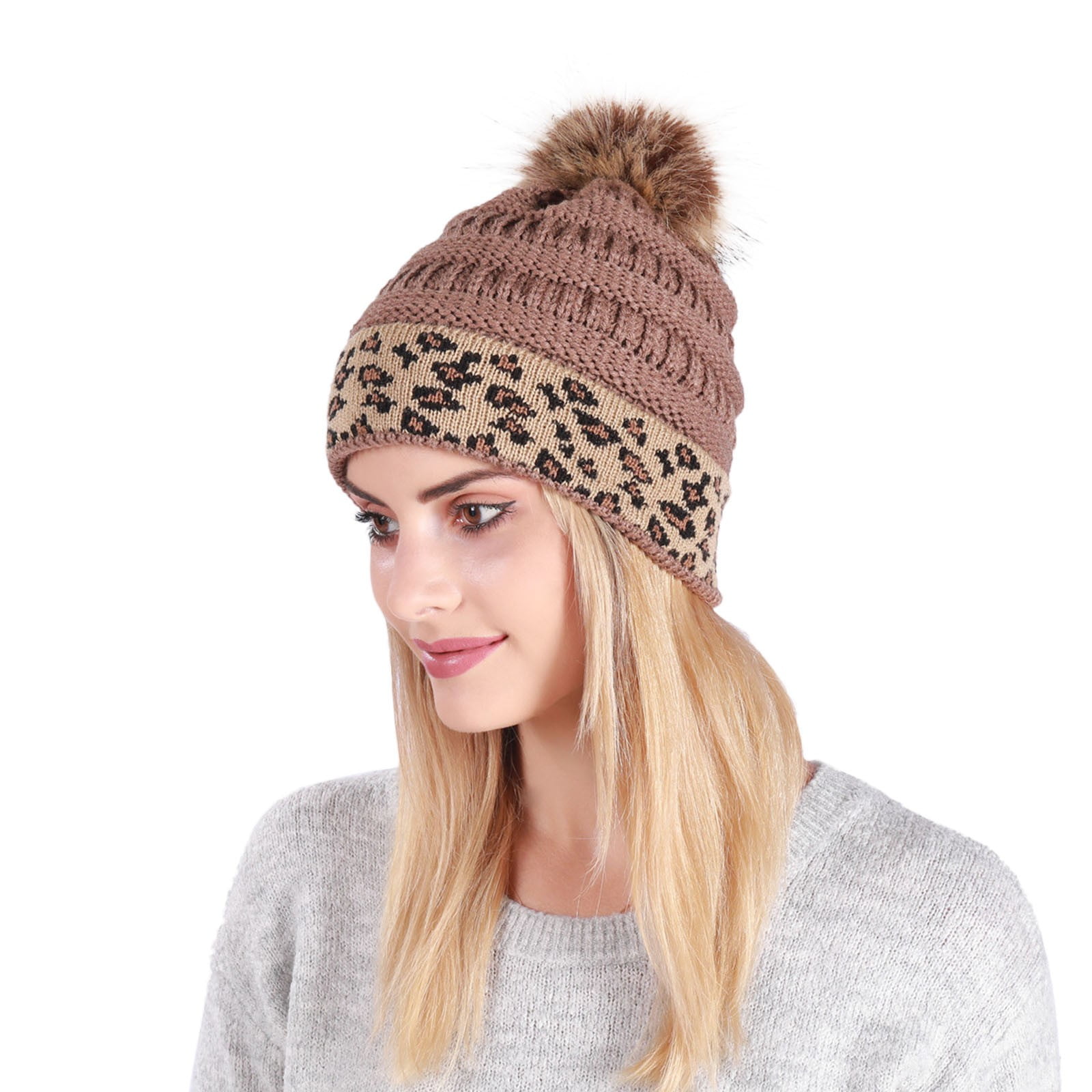 AQUTE Hat For Knit Pom Poms Lined Rolled Hems Leopard Print Beige