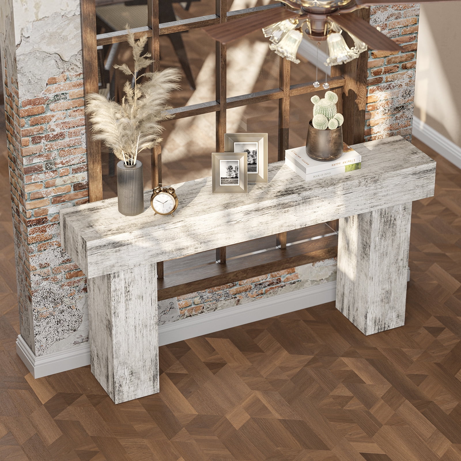 Doubleslee 63 Inch Long Entryway Table, Farmhouse Wood ConsoleTable Behind Couch, Industrial Hallway Accent Table for Living Room（Farmhouse White)