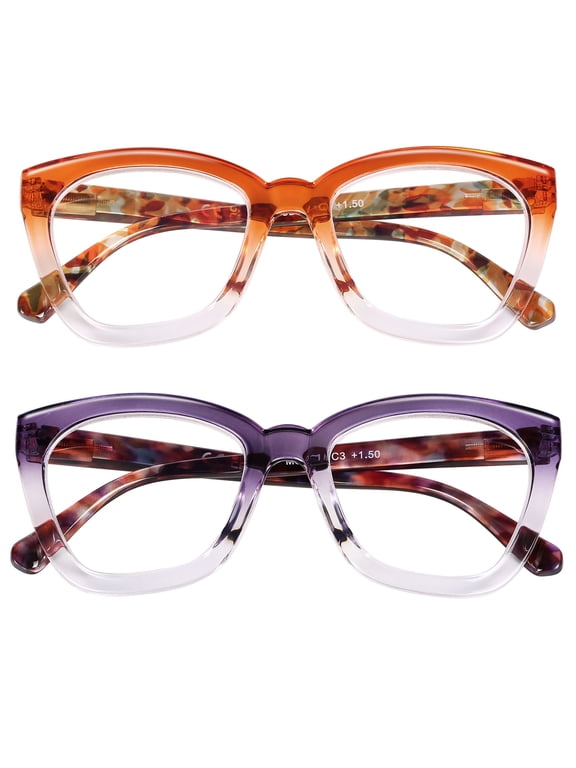 Cat Eye Reading Glasses Women Blue Light Blocking, 2 Pack Filter UV Ray/Glare Computer Fashion Oversized Readers