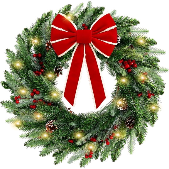 AQWEI 22 Inch Christmas Wreath for Front Door with LED Lights and Timer, Red Velvet Bow, Pinecones and Berries