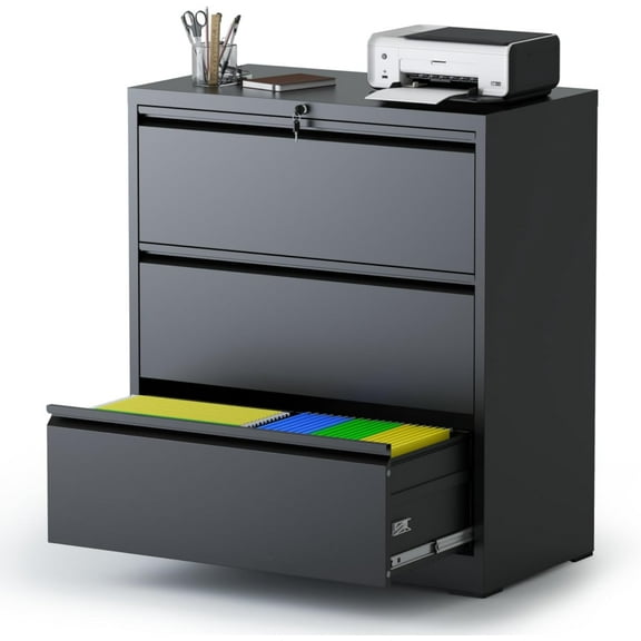 AQY3 Drawer File Cabinet with Lock,Metal Lateral File Cabinets for Home Office,Steel Wide Filing Organization Storage Cabinets for Hanging Files Letter/Legal/F4/A4 Size(Black)