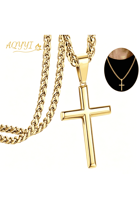 AQYYI 14K Gold Plated Cross Necklace for Men Women, 24 Inch Stainless Steel Rope Chain Polished Solid Cross Pendant Religious Christian Faith Jewelry Gift for Baptism Confirmation Birthday