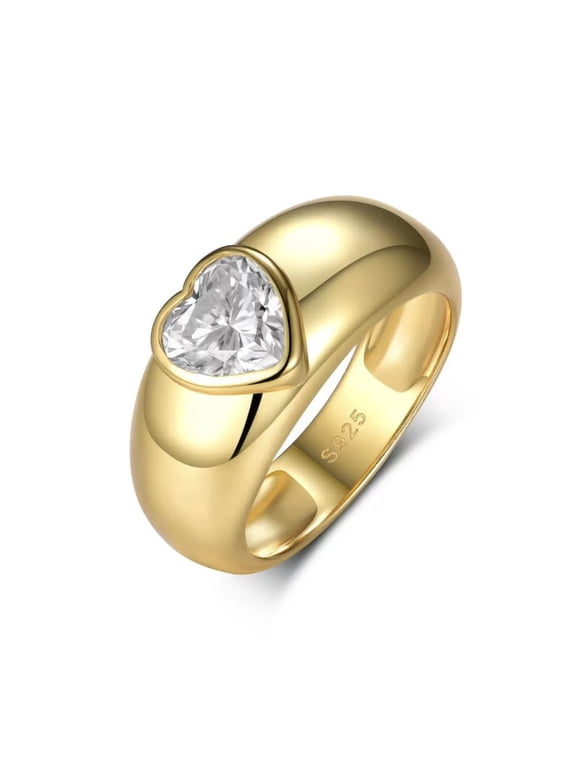 18K Gold Plated S925 Silver Plated Chunky Heart Cubic Zirconia Wide Band Ring, Heart Cut CZ Pinky Ring for Women, Size 9