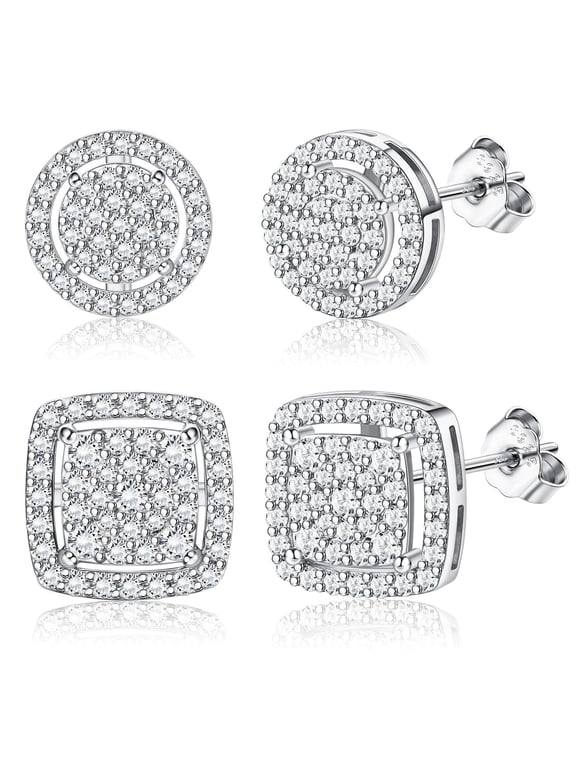 2 Pair 925 Silver Plated Cubic Zirconia Stud Earrings Set, Double Layer Hollow Openwork Pave, Round and Square Hip-Hop Street Style Earrings