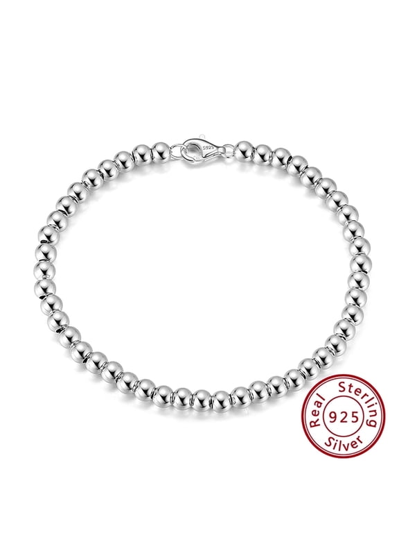 925 Sterling Silver Italian Handmade 4mm Bead Ball Strand Chain Bracelet for Women 6.5, 7, 7.5, 8 Inch Made in Italy (7 Inches)