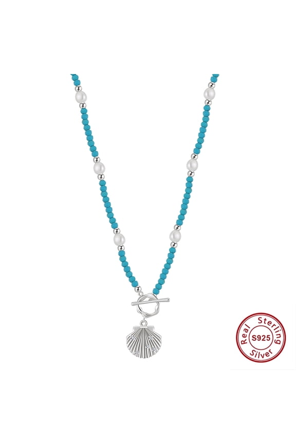 Jewelry Shell Pendant Turquoise and Pearl Necklace 925 Sterling Silver, Bohemian style& Holiday gift