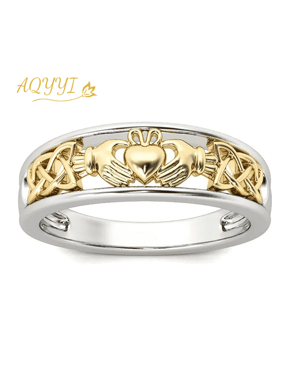 Women's Two-Tone Silver Gold Plated Celtic Knot Band Ring, Traditional Irish Symbol Jewelry for Love Loyalty Friendship, Size 10